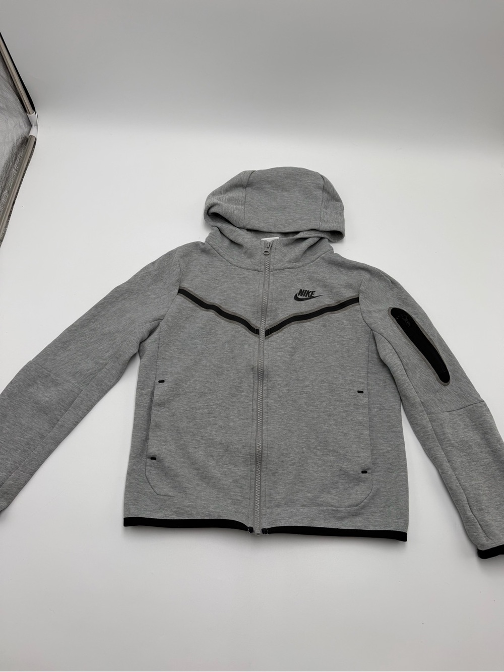 Nike Tech Boys Youth Medium Gray Full Zip Hoodie Jacket Black Trim